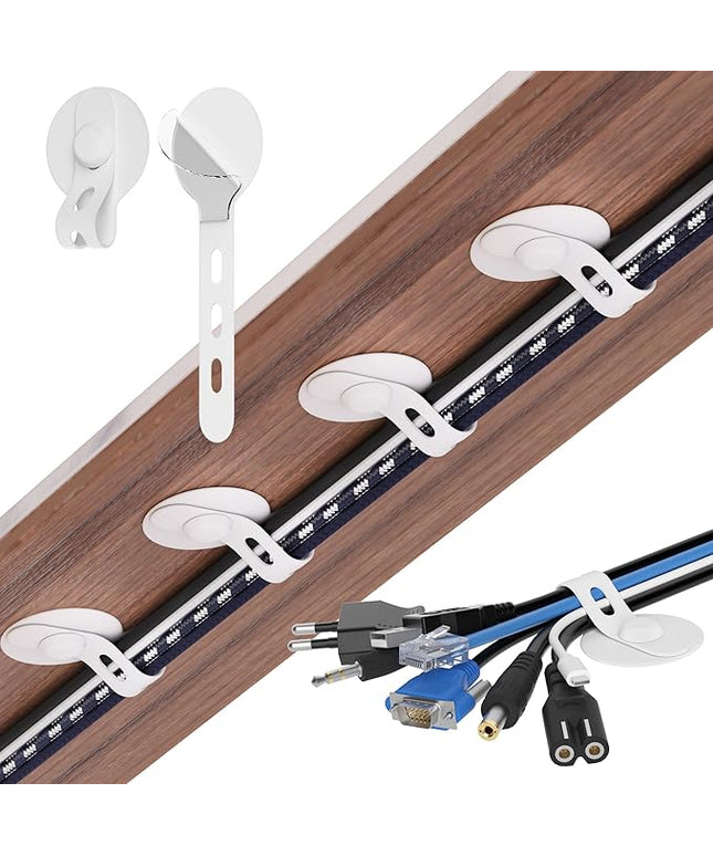 Nearockle Cable Management Under Desk, Adjustable Self-Adhesive Silicone Cable Ties Cord Organizer, Reusable Heavy-Duty Cord Holder Under Table for Office, Home, School (20Pcs-White)