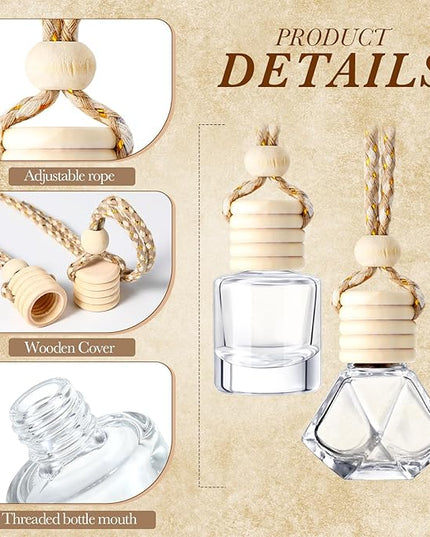 BBTO 200 Pcs Hanging Car Diffuser Bottle Bulk Empty Clear Glass Perfume Bottles Air Freshener Pendant for Essential Oils Fragrance Aromatherapy Car Interior (Diamond, Cylinder)