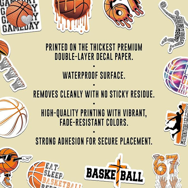 12PCS Basketball Stickers for Boys Girls Kids, Basketball Stickers for Water Bottles, Scrapbook, Poster Board, Basketball Vinyl Stickers Waterproof Favors for Party