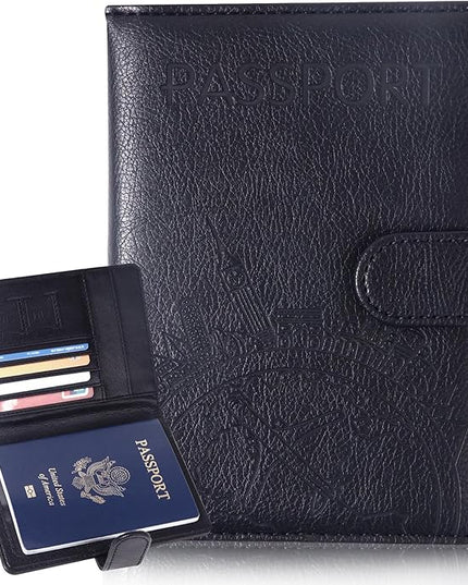 Passport Holder and Card Slot Combo RFID Blocking Leather Family Travel Passport Wallet Travel Accessories for Men Women US Passport Cover Protector (Travel black)