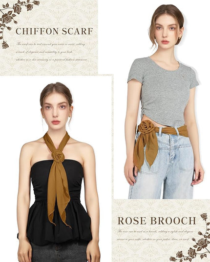 Chiffon Scarf for Women, Removable Flower Neck Scarf Light Soft Fashion Rose Scarves Versatile Headband or Hair Band