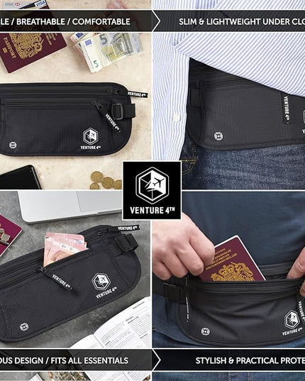 VENTURE 4TH Money Belt for Travel – Hidden Under-Clothes RFID Blocking Passport Holder & Slim Travel Wallet Pouch for Men & Women to Protect Cash, Cards & Documents (Pure Black)