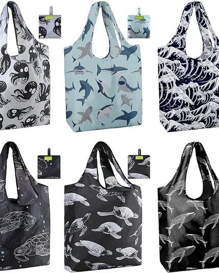 BeeGreen Reusable Grocery Bags for Groceries | Foldable Tote Bags with Handles Reusable Gift 6 Set - Heavy Duty Washable Polyester Travel and Shopping Basket - Bulk Bag for Women Animal Lovers