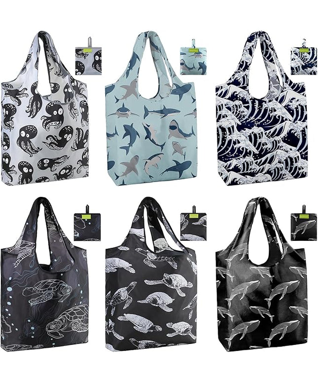 BeeGreen Reusable Grocery Bags for Groceries | Foldable Tote Bags with Handles Reusable Gift 6 Set - Heavy Duty Washable Polyester Travel and Shopping Basket - Bulk Bag for Women Animal Lovers