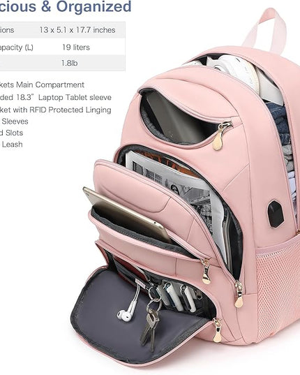 Boavan Laptop Backpack for women, 15.6 inch Laptop Bag with USB Port, Waterproof Travel Work Backpack Purse, Anti-Theft Teacher Nurse Doctor Casual Bookbags Office Business backpack，Pink