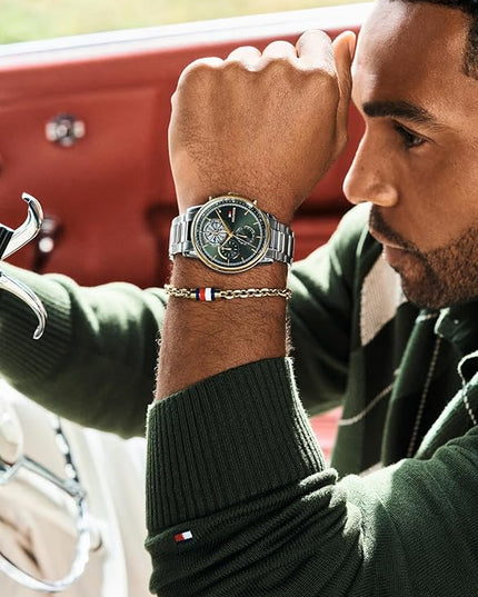 Tommy Hilfiger Men's Multifunction Quartz Watch – 44mm Stainless Steel Case, Double-Layer Dial, Link Bracelet, Skeleton-Inspired Design - Gift for Him