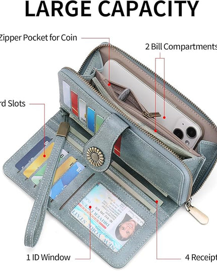 SENDEFN Wallet for Women RFID Blocking Leather Clutch Long Purse Large Capacity Credit Card Holder Wristlet