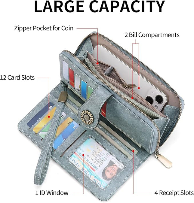 SENDEFN Wallet for Women RFID Blocking Leather Clutch Long Purse Large Capacity Credit Card Holder Wristlet