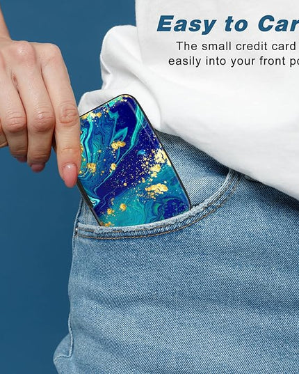 Atufsuat Credit Card Holder, Mini Aluminum Card Wallet RFID Blocking Slim Metal Hard Card Case for Women Men, Blue Green Marbling
