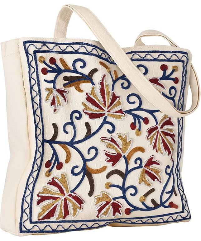 Aesthetic Embroidery Tote Bag for Women - Reusable Canvas Cute Shoulder Bag for Shopping, Grocery, Work, Book