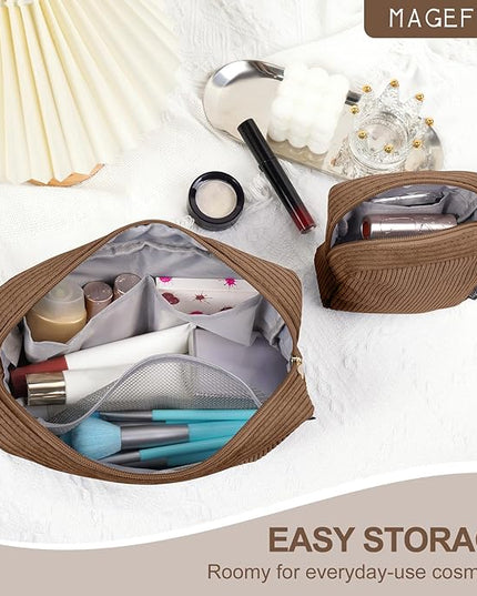 MAGEFY Small Makeup Bag for Purse Mini Cosmetics Bag Corduroy Cute Cosmetic Pouch for Women with Slip-in Pockets