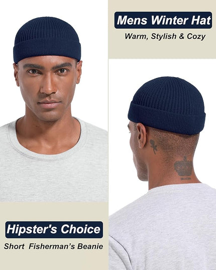 Short Fisherman Beanie for Men Women, Wool Knit Cuff Warm Winter Hats, Trawler Beanie Watch Caps Soft Skullcap
