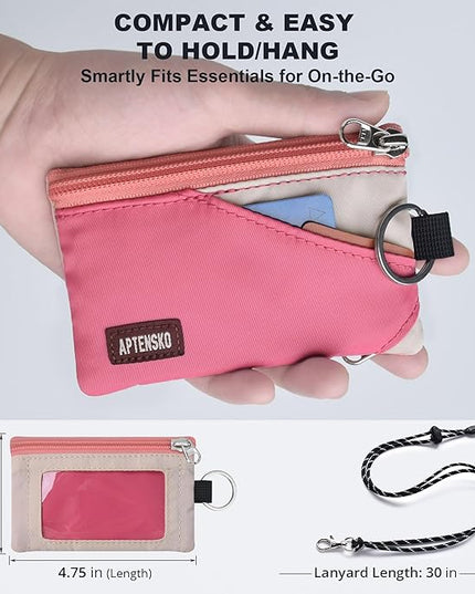 RFID Travel Wallet with Adjustable Lanyard-Zipper Small Wallet with ID Card Holder, Keychain for women&men-Minimalist Slim Waterproof Nylon case for ID, Cash, Key (Pink+Almond)