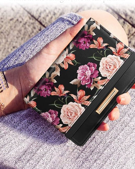 Passport Holder Cover Travel RFID Blocking Passport Cover Rose Gold Cute Flowers Passport Wallet with Elastic Band for Women