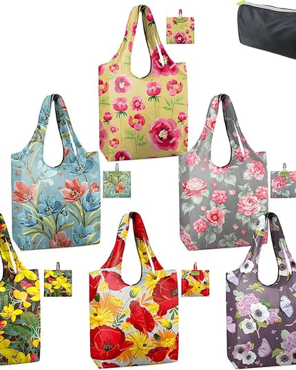 BeeGreen Floral Reusable Grocery Bags Bulk 6 Packs X-Large50LBS, Reusable Shopping Bags Foldable for Groceries, Vegetables, Fruits Bulk Tote Bags Washable For Women Men
