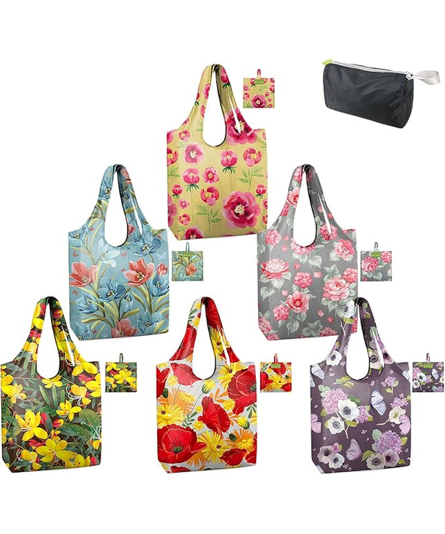 BeeGreen Floral Reusable Grocery Bags Bulk 6 Packs X-Large50LBS, Reusable Shopping Bags Foldable for Groceries, Vegetables, Fruits Bulk Tote Bags Washable For Women Men