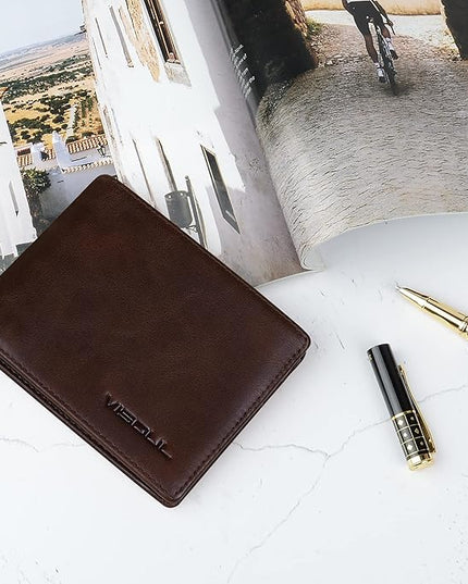 VISOUL Mens Bifold Leather RFID Blocking Wallet with 2 ID Windows, Soft Genuine Leather Card Holder Wallet with 2 Cash Compartments for Men (Coffee)