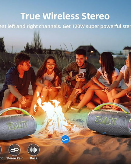ZEALOT Portable Bluetooth Speaker, 80W Peak Waterproof Loud Booming Sound Speakers, Dual Pairing, XBass, 25H Playtime, Outdoor Speaker with Handle for Camping, Beach, Party, Backyard (Gray)
