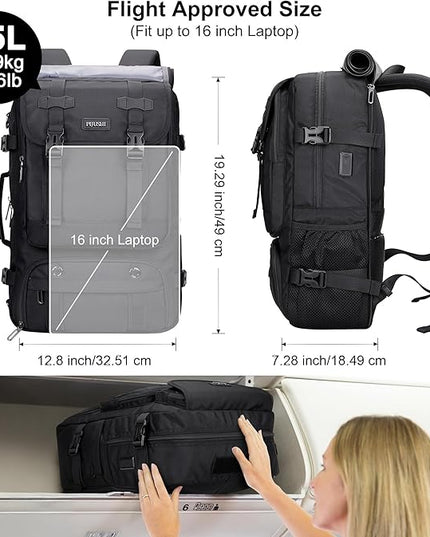 PIJUSHI Travel Backpack for Women Men Carry on Luggage Backpack Flight Approved Convertible Duffle Bag Fit 16 Inch Laptop(PE037 Black)