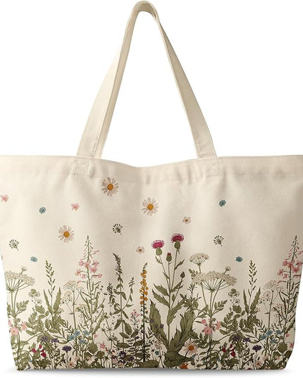 Large Tote Bag for Women - Canvas Tote Bag with Zipper Aesthetic Reusable Shoulder Bag for Gym, Travel, Work