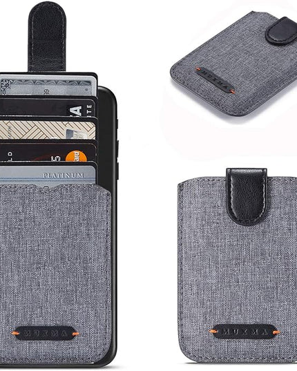 BIAJIYA Card Holder for Back of Phone RFID 5 Pull Credit Card Cash Cell Wallet Pocket Canva Leather Case for Smartphones (Black)