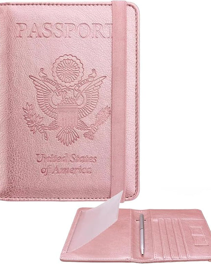 WALNEW Passport Holder for Travel, RFID Passport Cover Wallet for Women Men, PU Leather Passport Book Card Holder Case with Pen (Upgraded, Upgraded-Rosegold)