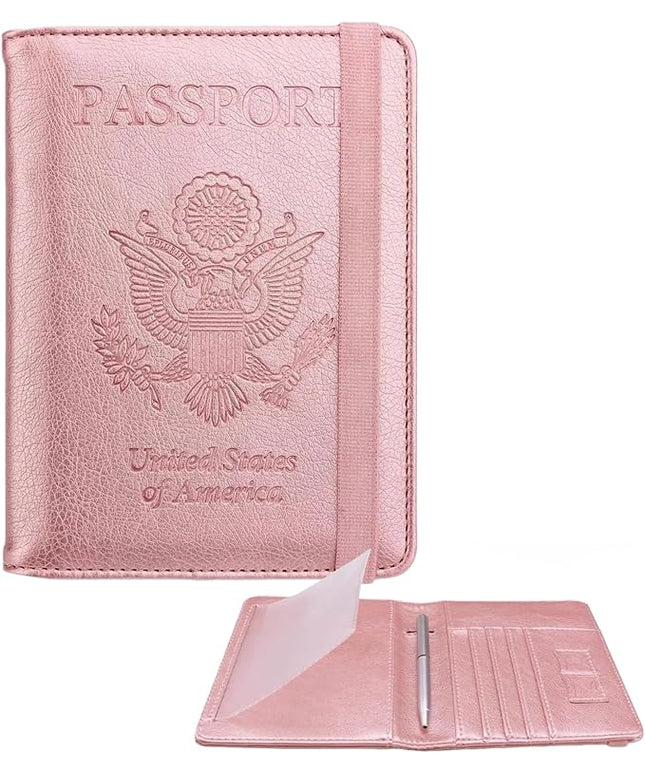WALNEW Passport Holder for Travel, RFID Passport Cover Wallet for Women Men, PU Leather Passport Book Card Holder Case with Pen (Upgraded, Upgraded-Rosegold)