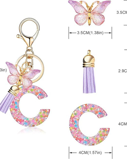 Fashion Alphabet Initial Letter Keychain Tassel Butterfly Pendant Key Ring for Purse Handbags Women Girl