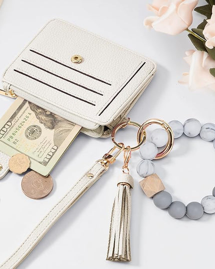 Keychain Wallet with Bracelet RFID Blocking Wristlet Credit Purse Card Holder, Silicone Bead Tassel Key Ring for Women