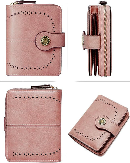 TFKGS Small Womens Wallet Leather RFID Blocking Bifold Compact Card Holder Ladies Zipper Accordion Pocket with ID Window Pink