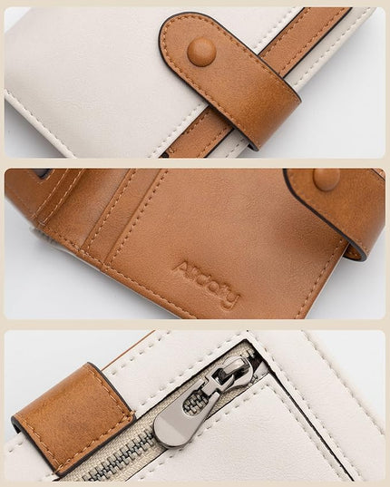 Alldaily Small RFID Blocking Leather Wallet for Women, Bifold with 10 Card Slots and Zipper Pocket (White&Brown)