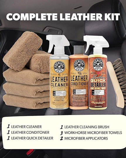 Chemical Guys Leather Cleaner and Conditioner Detailing Kit - Leather Care Kit For Natural, Synthetic, Faux, Pleather, and More for Car Interiors, Apparel, Furniture, Boots & Accessories - 9 Items