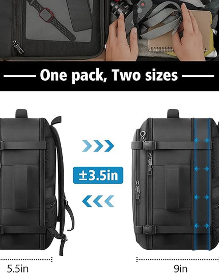 Carry On Backpack, Expandable Large Capacity Travel Backpack 50–60L with USB Cable Port, Fits 18.4 Inch Laptop,Anti Theft Water Resistant Travel Carry on Backpack for Men Women, Flight Travel, Black