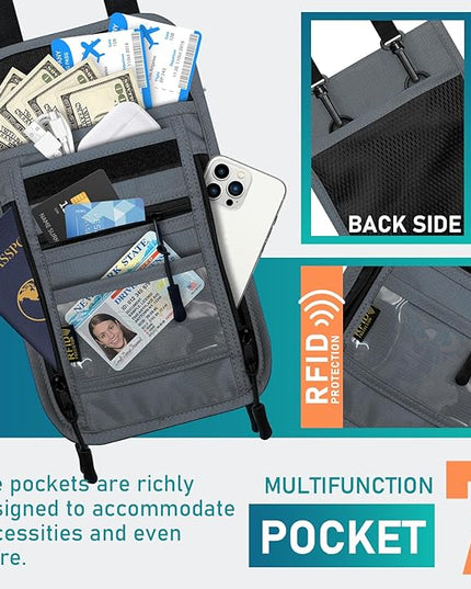 sundee Travel Neck Wallet with Double Zippers, RFID Blocking Passport Holder with Adjustable Neck Strap for Men and Women to Keep Cash, Credit Cards and Travel Documents Safe - Light Gray