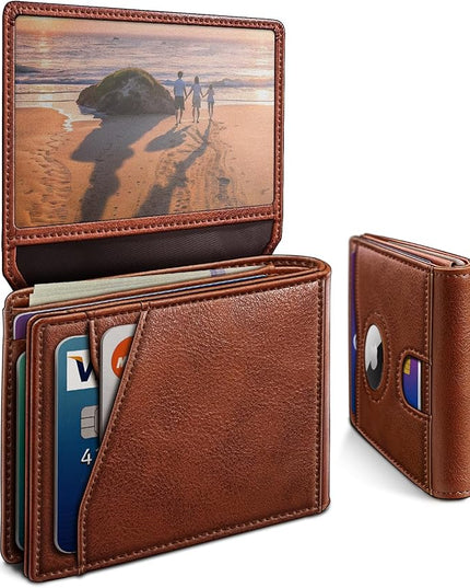 miyozi Airtag Wallet for Men,with Cash Pocket 2 ID Window 13 Cards,Slim Leather Wallet Front Pocket Card Holder RFID Blocking with Gift Box