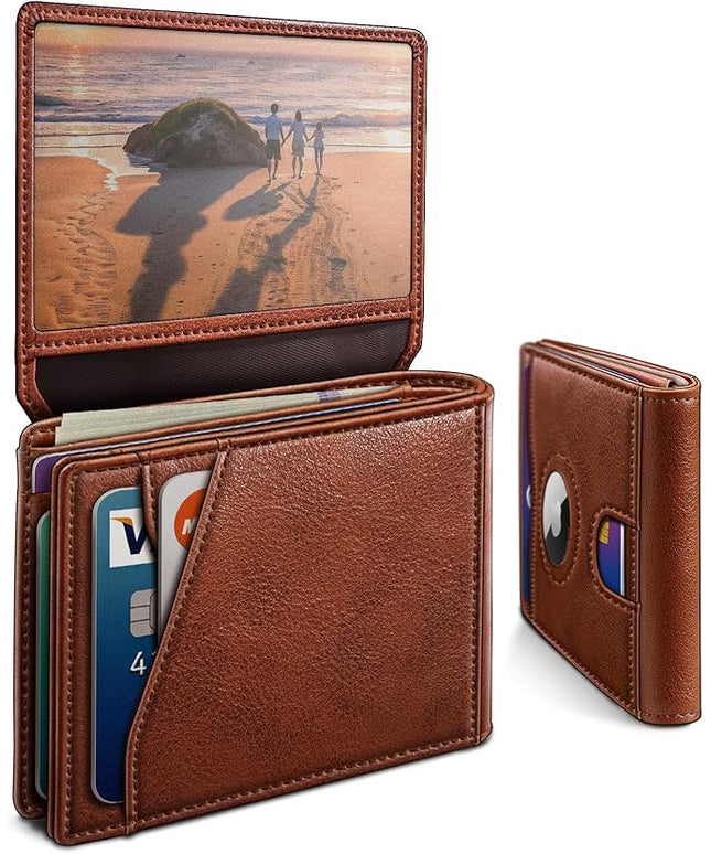 miyozi Airtag Wallet for Men,with Cash Pocket 2 ID Window 13 Cards,Slim Leather Wallet Front Pocket Card Holder RFID Blocking with Gift Box