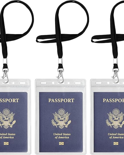 3 Pack Clear Plastic Passport Badge Holders with Lanyard, 4x6 Inch Vertical No Zipper ID Card Holder with Black Lanyard Extra Large ID Badge Holder for Passport