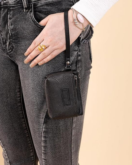 Montana West Wrangler Coin Purse for Women RFID-blocking Floral Embossed Change Pouch Wristlet Wallet Lightweight Portable Wallets Black