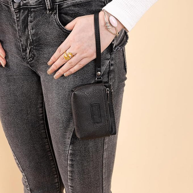 Montana West Wrangler Coin Purse for Women RFID-blocking Floral Embossed Change Pouch Wristlet Wallet Lightweight Portable Wallets Black