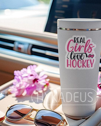 (3Pcs) Real Girls Love Hockey Pink Sticker Girls Hockey Stickers Waterproof Vinyl Decal for Books Laptops Phones Tumblers Water Bottles, Hockey Gifts For Teen Girls Team, Hockey Fan, Size 3 x 2.8 Inch
