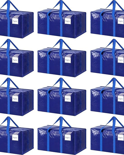 12 Pack Extra Heavy Duty Large Moving Bags with Strong Zipper & Comfortable Handles, Sturdy & Durable Clothes Storage Bags Totes Bins, Packing Moving Boxes for College Supplies, Blue