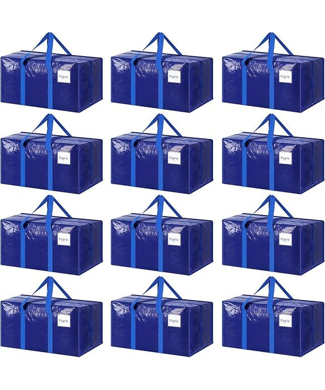 12 Pack Extra Heavy Duty Large Moving Bags with Strong Zipper & Comfortable Handles, Sturdy & Durable Clothes Storage Bags Totes Bins, Packing Moving Boxes for College Supplies, Blue