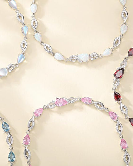 FANCIME Birthstone Teardrop Tennis Bracelet for Women, Sterling Silver 9x7mm main Gemstone Bolo Adjustable Chain Bracelet Fine Jewelry Birthday Gifts for Women Mom Wife Her