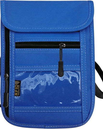 RFID Blocking Travel Neck Wallet Pouch and Passport Holder, Travel Neck Pouch Passport Holder for Women & Men - Blue