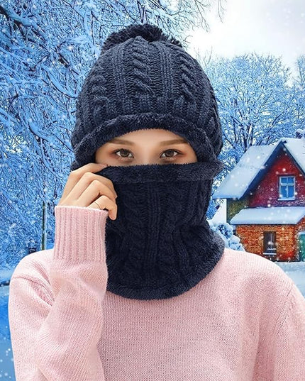 HUAMULAN Women Winter Beanie Hats One Piece Fleece Lined Knit Balaclavas Mask Set Skull Neck Circle Scarf Ski Snow Hat Pompom
