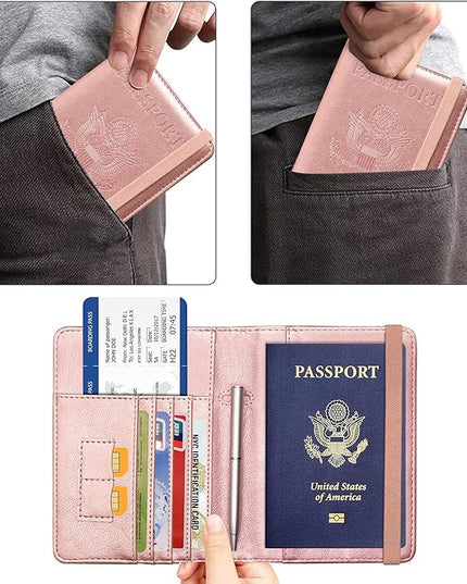 ACdream Passport Holder Cover, Leather Travel Wallet Case, RFID Blocking Document Organizer Protecrtor, with Slots for Credit Cards, Boarding Pass, for Women and Men, Rose Gold