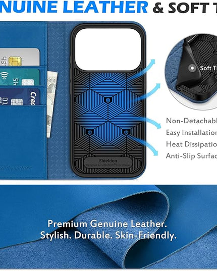 SHIELDON Genuine Leather Case Wallet for iPhone 17 Pro 6.3 Inch 2025 | Kickstand | RFID Blocking 3 Credit Card Holder | Flip Magnetic Closure | Shockproof Phone Cover | Sapphire Blue