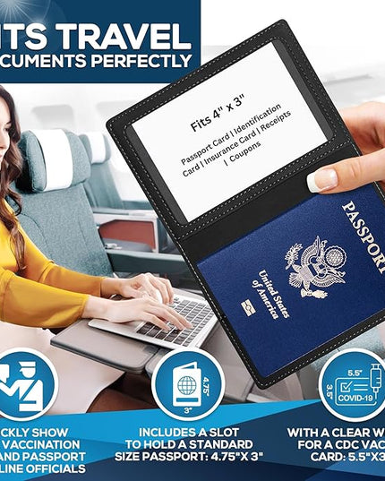 Ciana Passport Holder for Travel – PU Leather Passport Cover and Card Holder for Men & Women – Slim Passport Holder with Card Protector Slot, Travel Must Haves (Black)