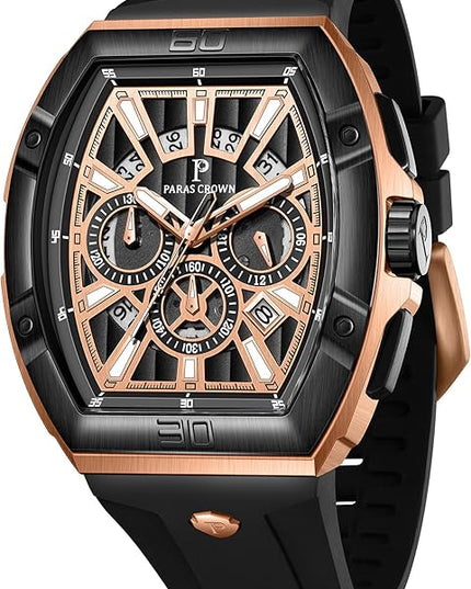 Paras Crown Watches for Men Tonneau 5ATM Waterproof Quartz Luxury Chronograph Analog Men's Wrist Watches Stainless Steel Case Mens Watches
