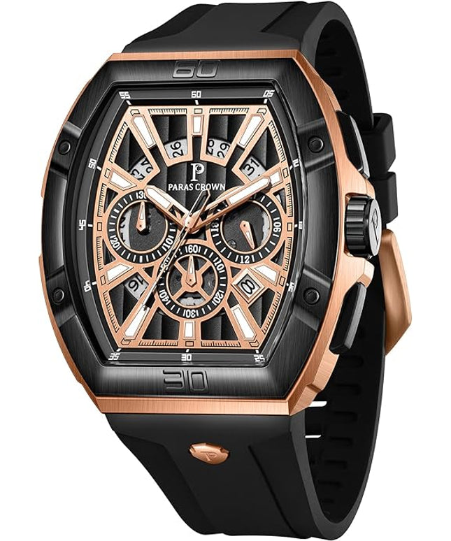 Paras Crown Watches for Men Tonneau 5ATM Waterproof Quartz Luxury Chronograph Analog Men's Wrist Watches Stainless Steel Case Mens Watches